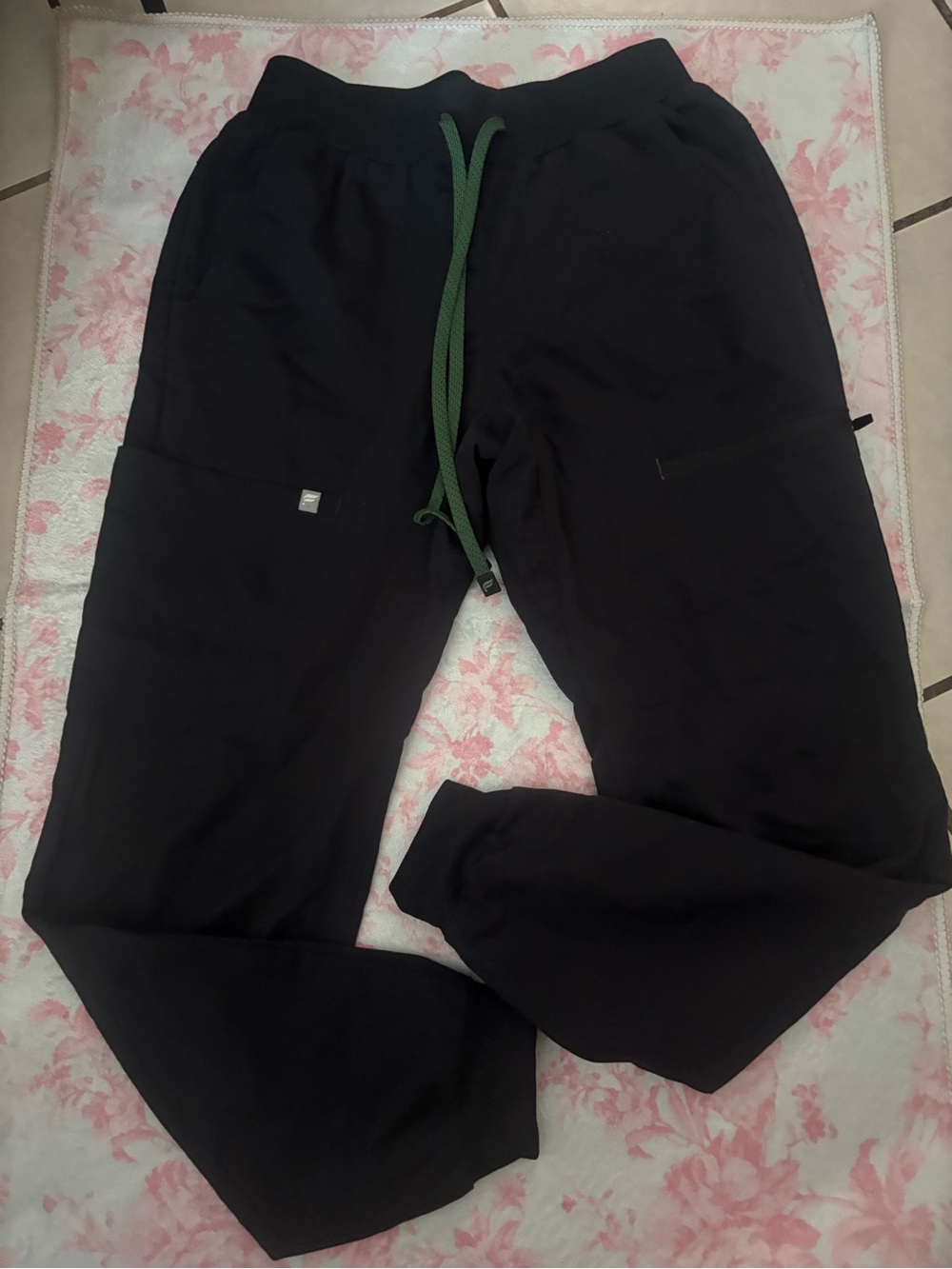 Black scrub Pants with Green Drawstring